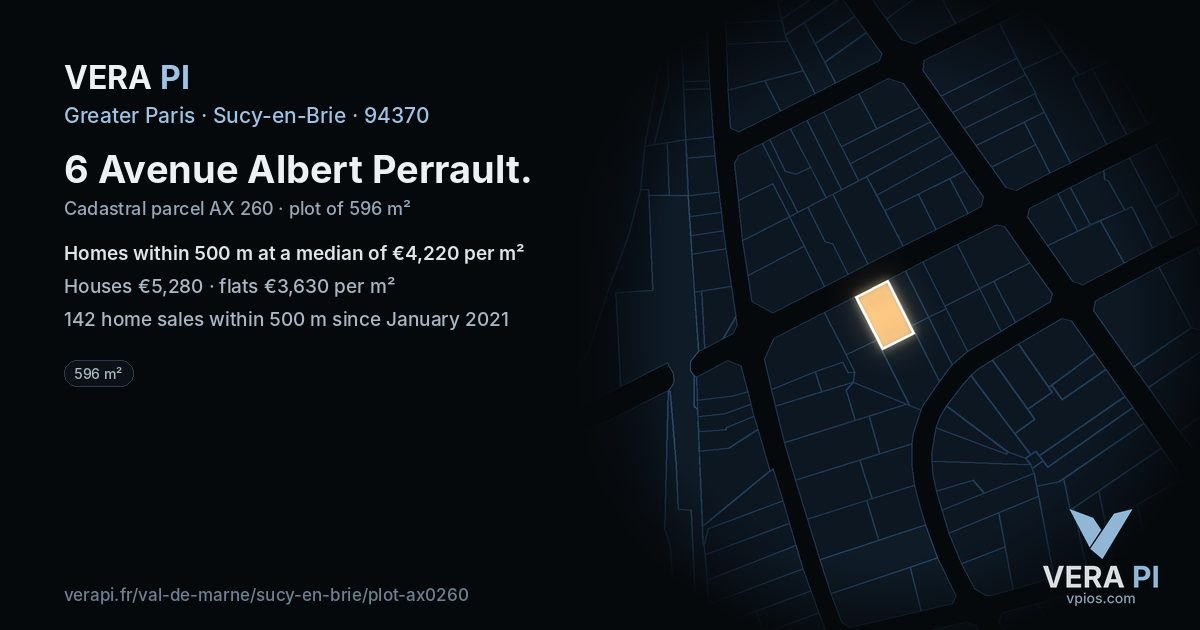 6 Avenue Albert Perrault, Sucy-en-Brie at night – the plot lit, the parcels around coloured by the prices near them
