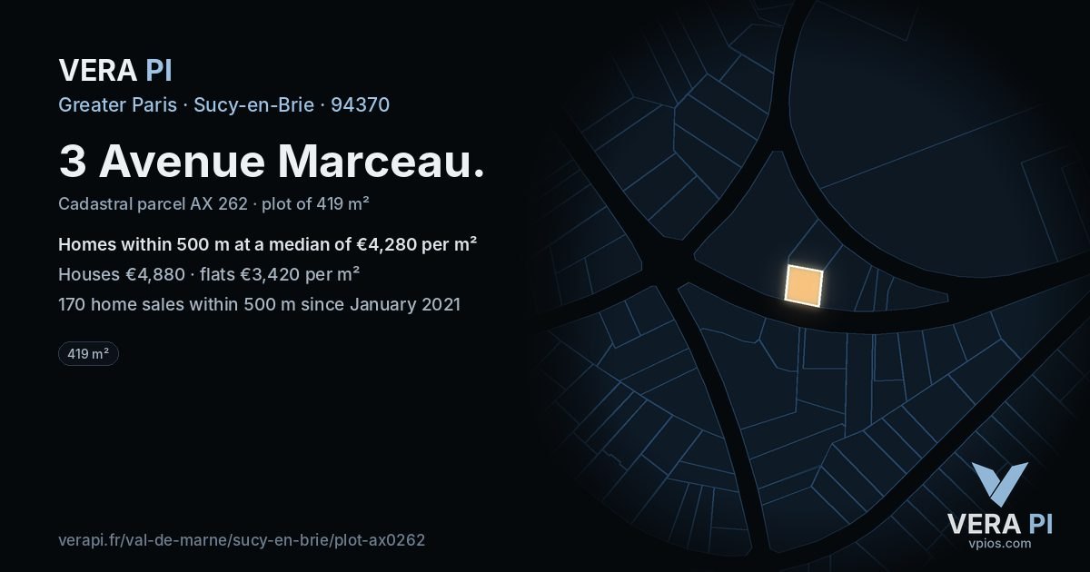 3 Avenue Marceau, Sucy-en-Brie at night – the plot lit, the parcels around coloured by the prices near them