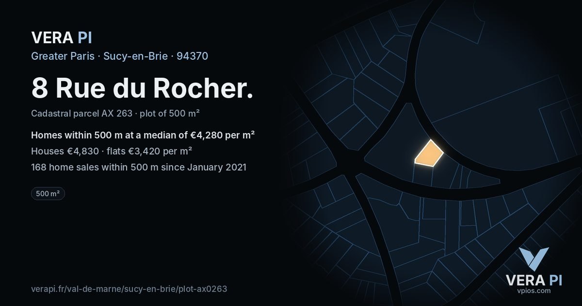 8 Rue du Rocher, Sucy-en-Brie at night – the plot lit, the parcels around coloured by the prices near them