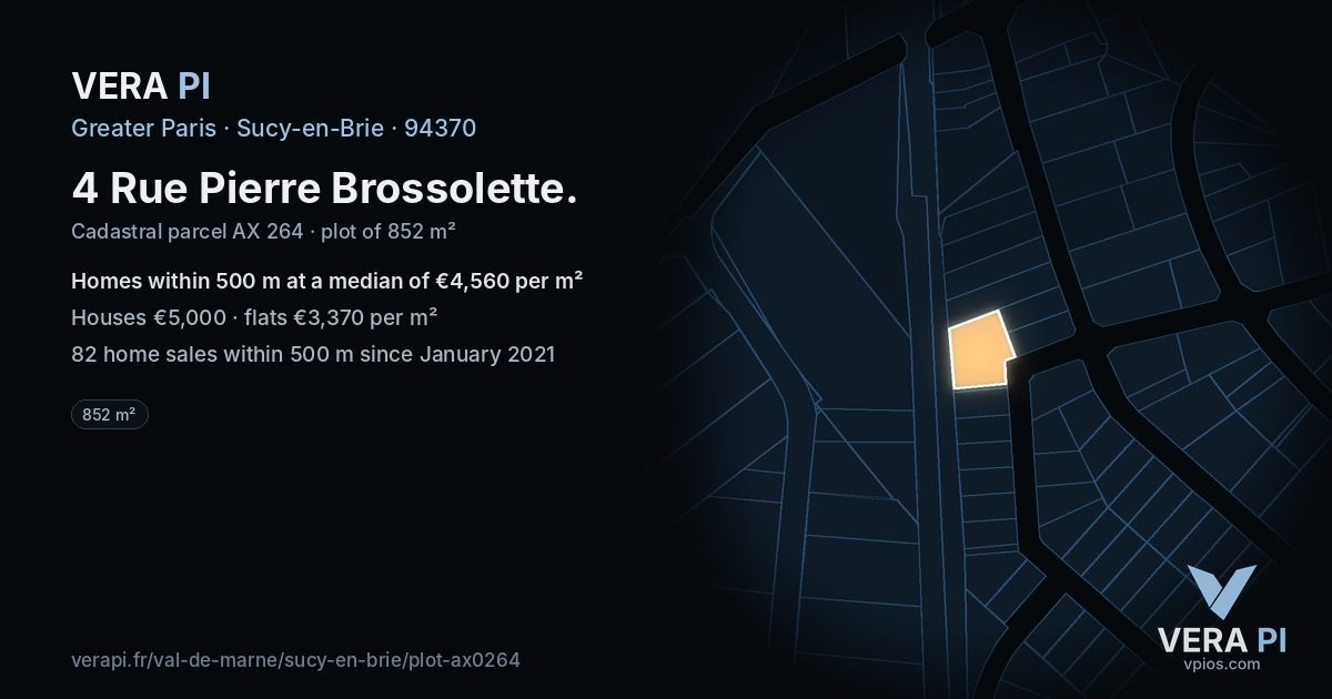4 Rue Pierre Brossolette, Sucy-en-Brie at night – the plot lit, the parcels around coloured by the prices near them