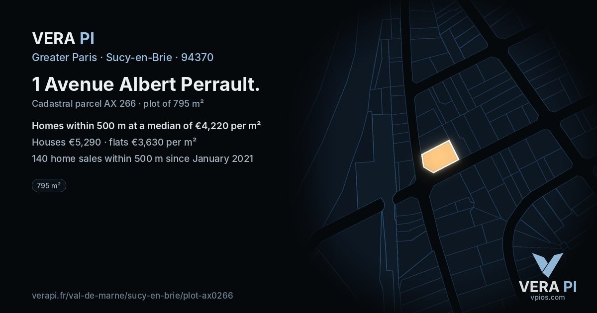 1 Avenue Albert Perrault, Sucy-en-Brie at night – the plot lit, the parcels around coloured by the prices near them