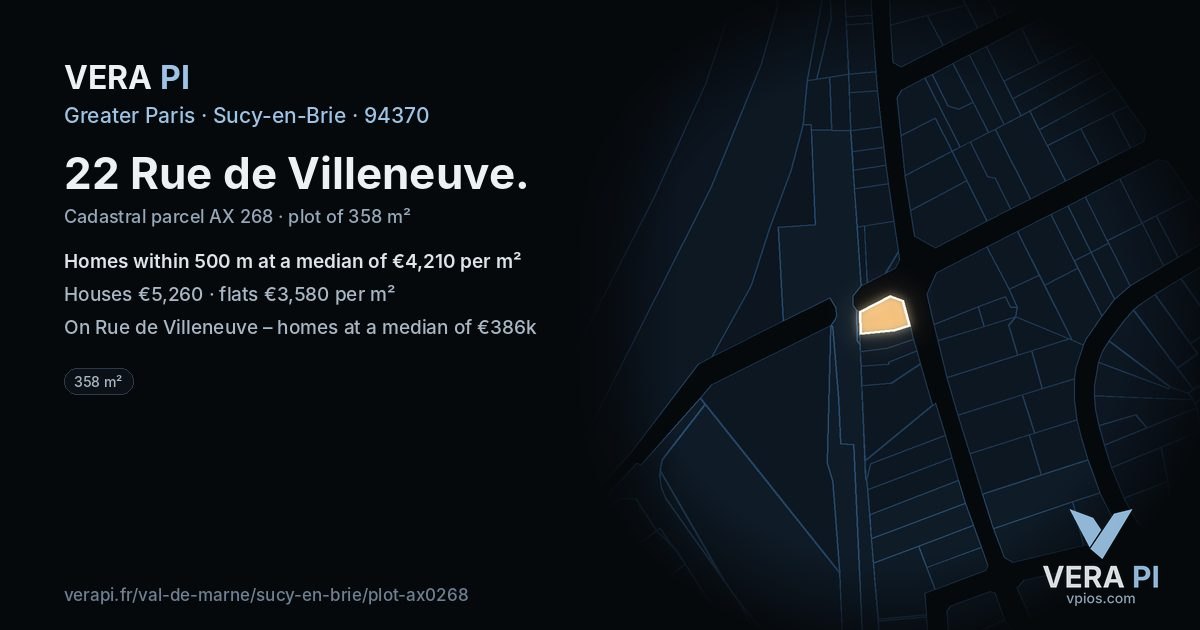 22 Rue de Villeneuve, Sucy-en-Brie at night – the plot lit, the parcels around coloured by the prices near them