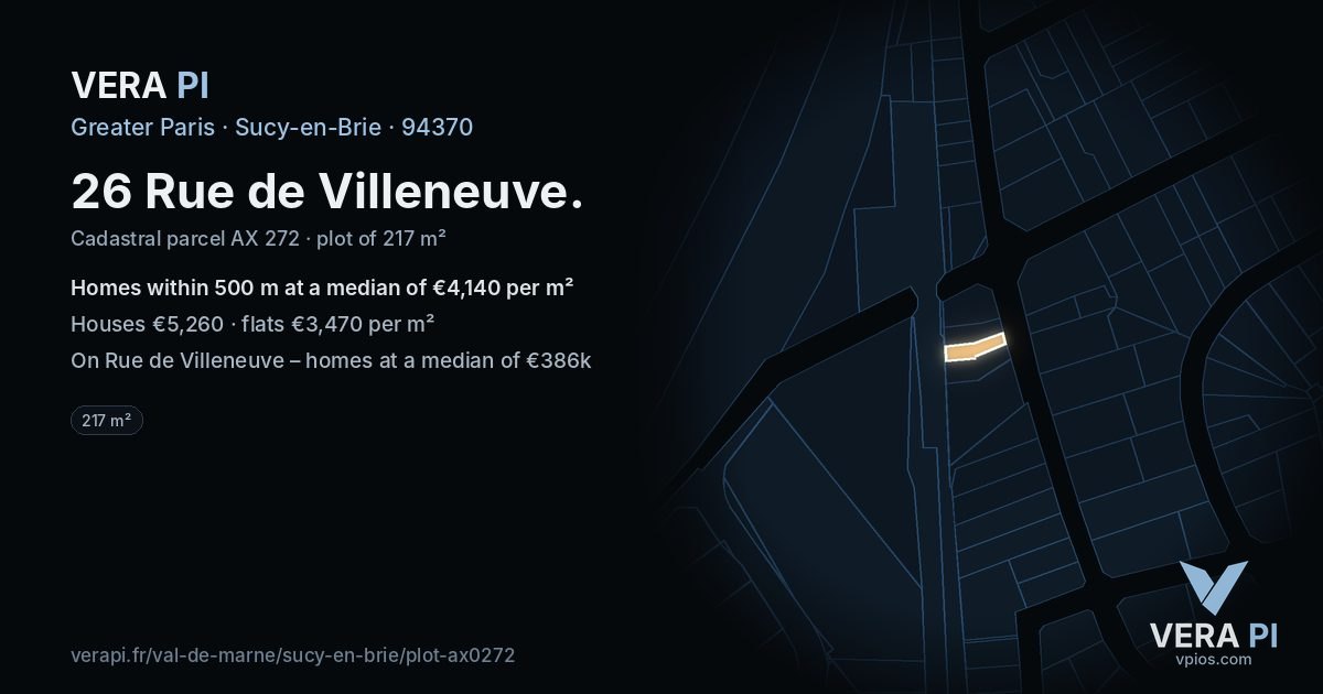 26 Rue de Villeneuve, Sucy-en-Brie at night – the plot lit, the parcels around coloured by the prices near them