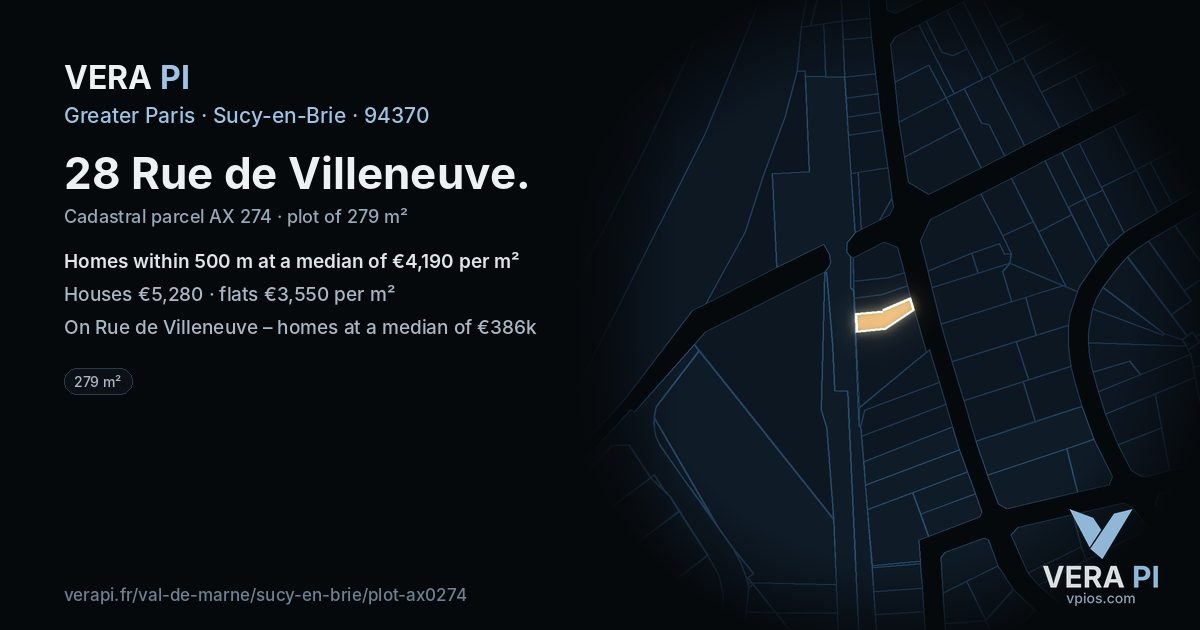 28 Rue de Villeneuve, Sucy-en-Brie at night – the plot lit, the parcels around coloured by the prices near them