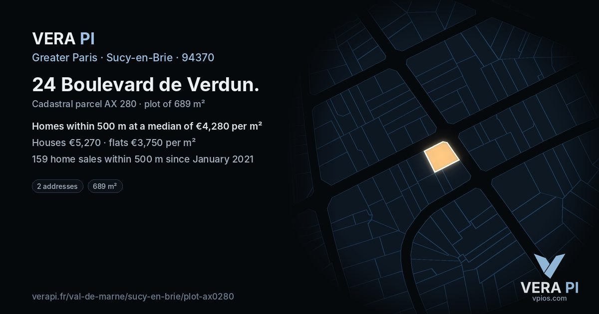 24 Boulevard de Verdun, Sucy-en-Brie at night – the plot lit, the parcels around coloured by the prices near them
