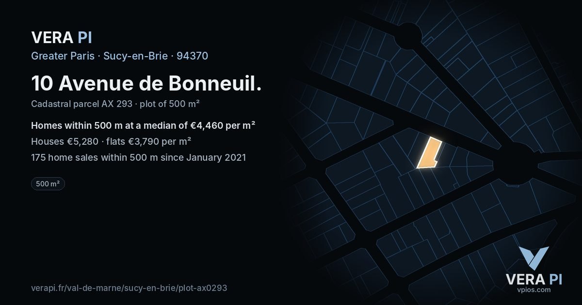 10 Avenue de Bonneuil, Sucy-en-Brie at night – the plot lit, the parcels around coloured by the prices near them
