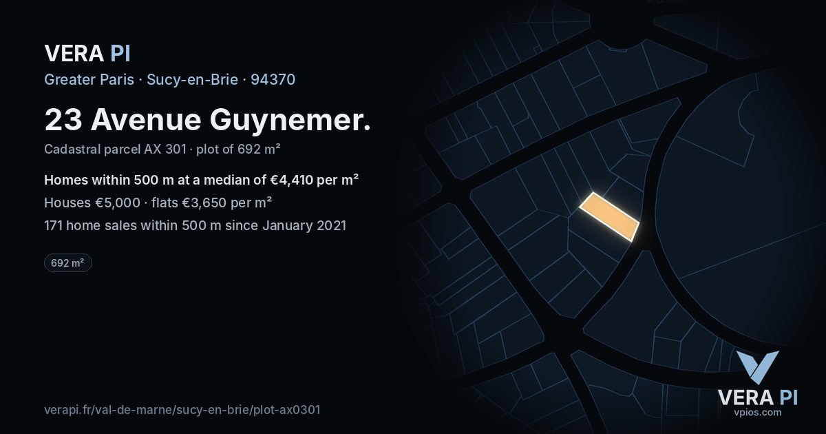 23 Avenue Guynemer, Sucy-en-Brie at night – the plot lit, the parcels around coloured by the prices near them