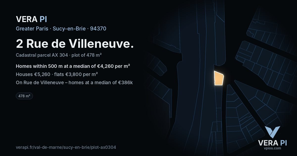 2 Rue de Villeneuve, Sucy-en-Brie at night – the plot lit, the parcels around coloured by the prices near them