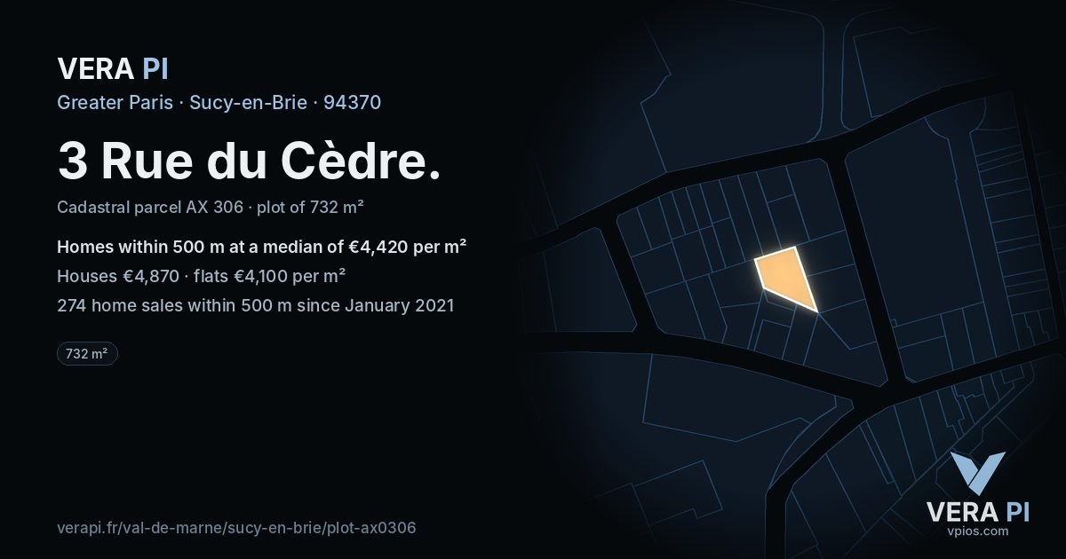 3 Rue du Cèdre, Sucy-en-Brie at night – the plot lit, the parcels around coloured by the prices near them