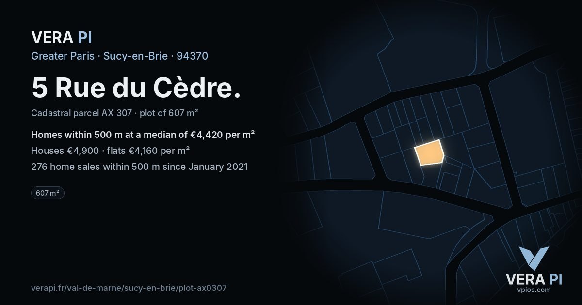 5 Rue du Cèdre, Sucy-en-Brie at night – the plot lit, the parcels around coloured by the prices near them