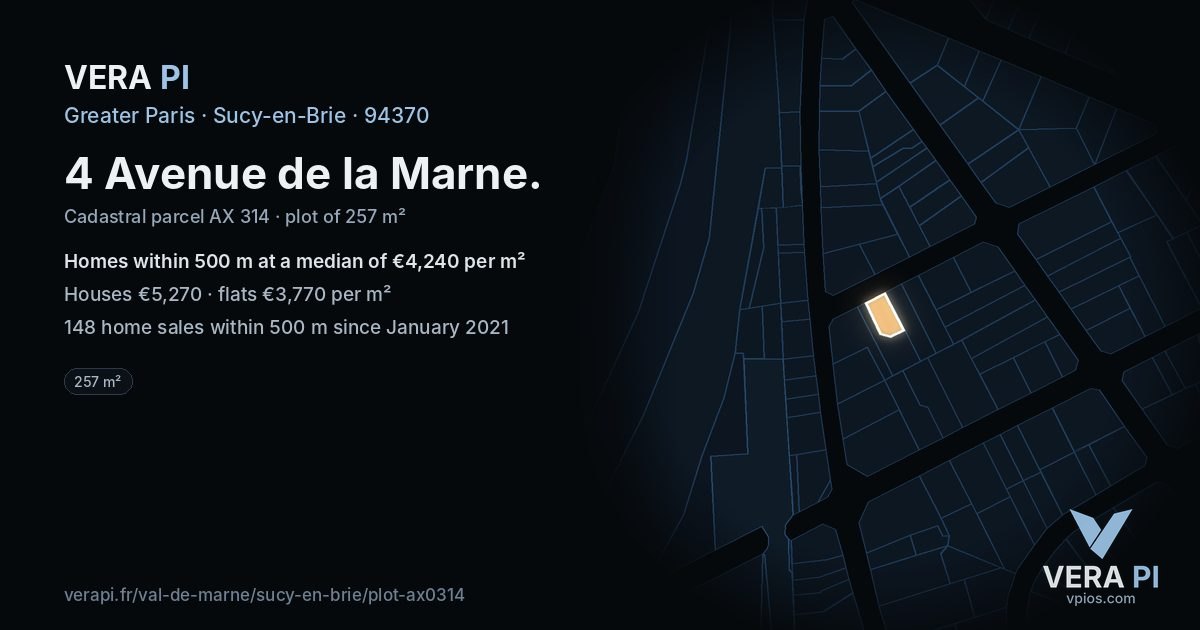 4 Avenue de la Marne, Sucy-en-Brie at night – the plot lit, the parcels around coloured by the prices near them