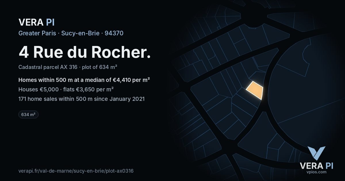 4 Rue du Rocher, Sucy-en-Brie at night – the plot lit, the parcels around coloured by the prices near them