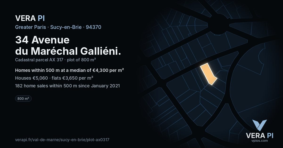 34 Avenue du Maréchal Galliéni, Sucy-en-Brie at night – the plot lit, the parcels around coloured by the prices near them