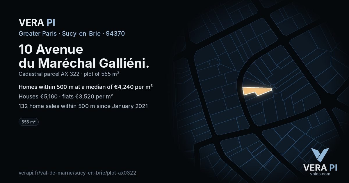 10 Avenue du Maréchal Galliéni, Sucy-en-Brie at night – the plot lit, the parcels around coloured by the prices near them
