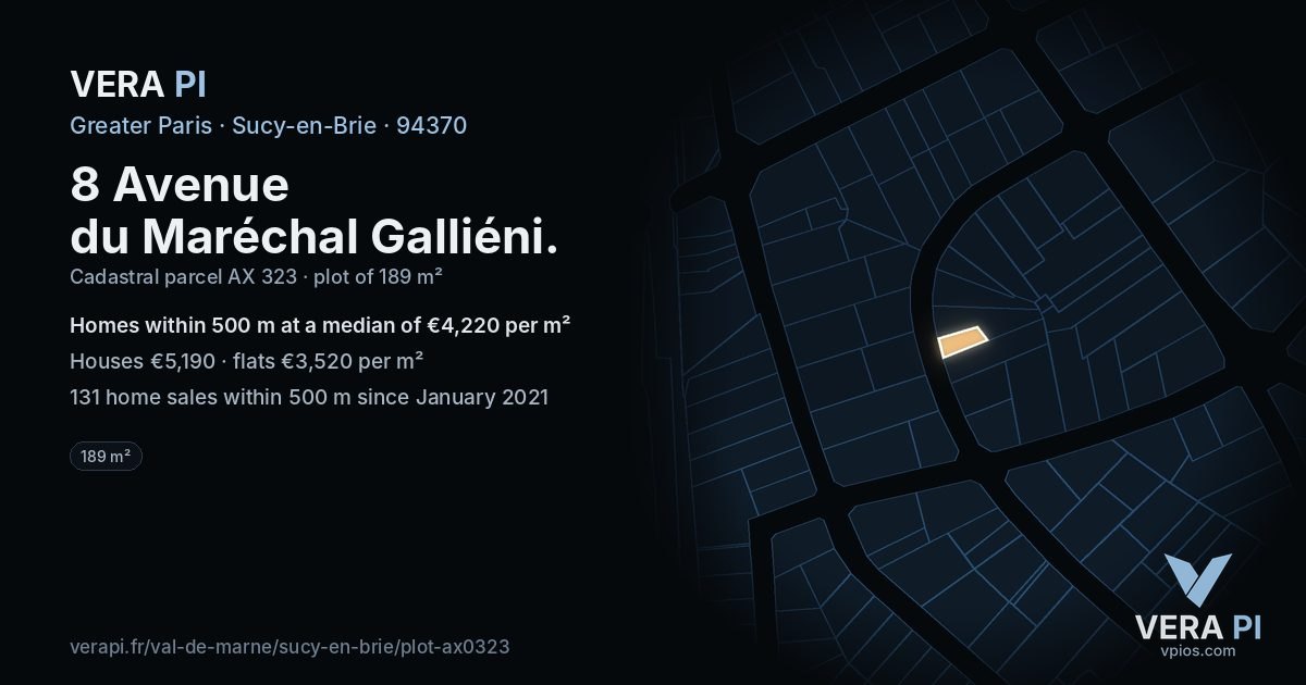 8 Avenue du Maréchal Galliéni, Sucy-en-Brie at night – the plot lit, the parcels around coloured by the prices near them