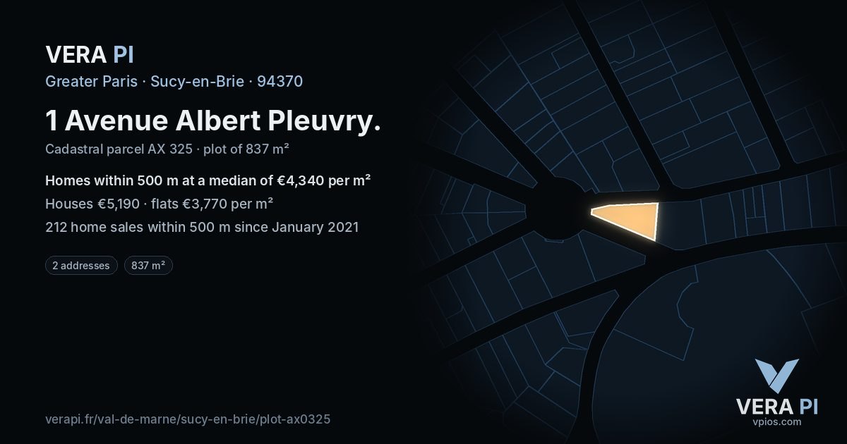 1 Avenue Albert Pleuvry, Sucy-en-Brie at night – the plot lit, the parcels around coloured by the prices near them