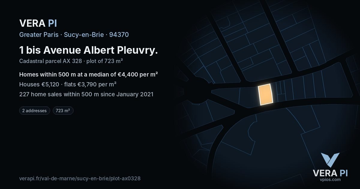 1 bis Avenue Albert Pleuvry, Sucy-en-Brie at night – the plot lit, the parcels around coloured by the prices near them