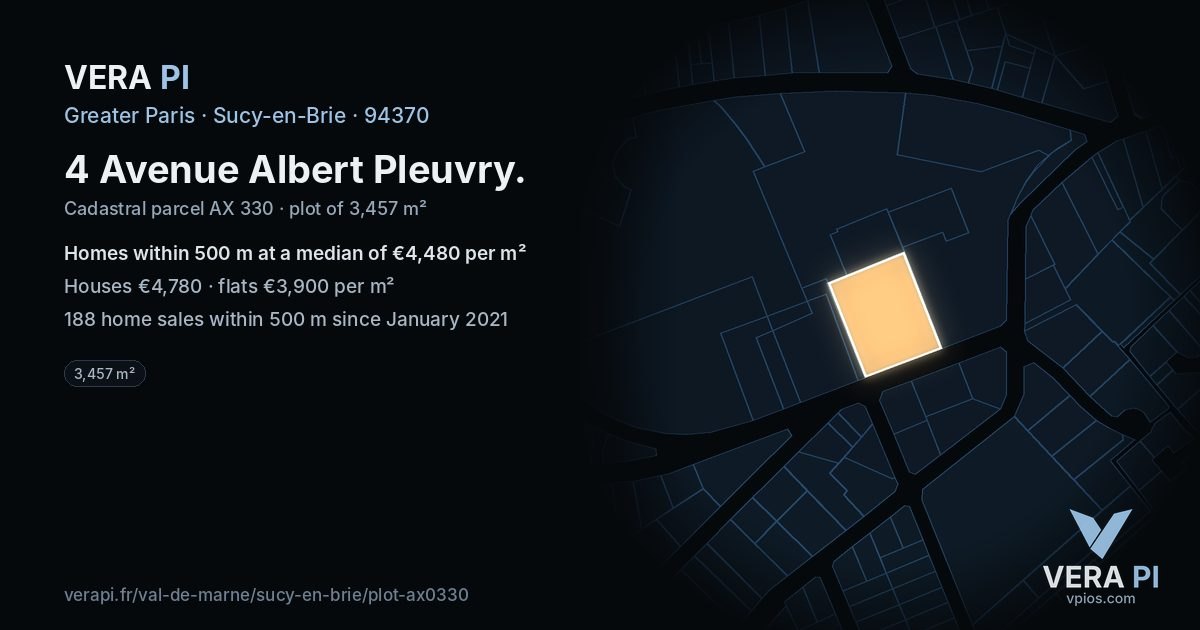 4 Avenue Albert Pleuvry, Sucy-en-Brie at night – the plot lit, the parcels around coloured by the prices near them