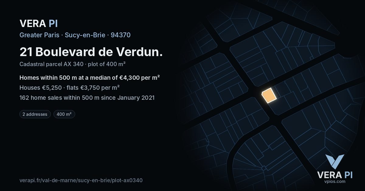 21 Boulevard de Verdun, Sucy-en-Brie at night – the plot lit, the parcels around coloured by the prices near them