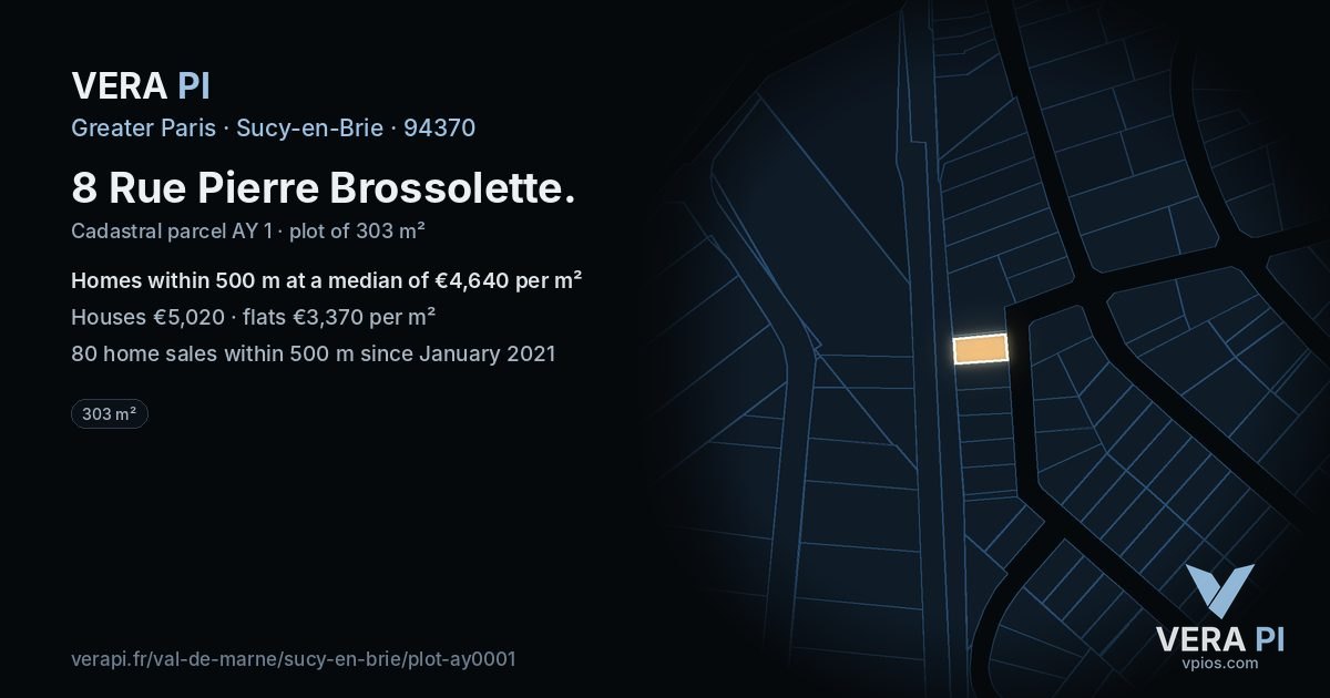8 Rue Pierre Brossolette, Sucy-en-Brie at night – the plot lit, the parcels around coloured by the prices near them