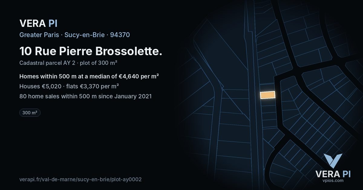 10 Rue Pierre Brossolette, Sucy-en-Brie at night – the plot lit, the parcels around coloured by the prices near them