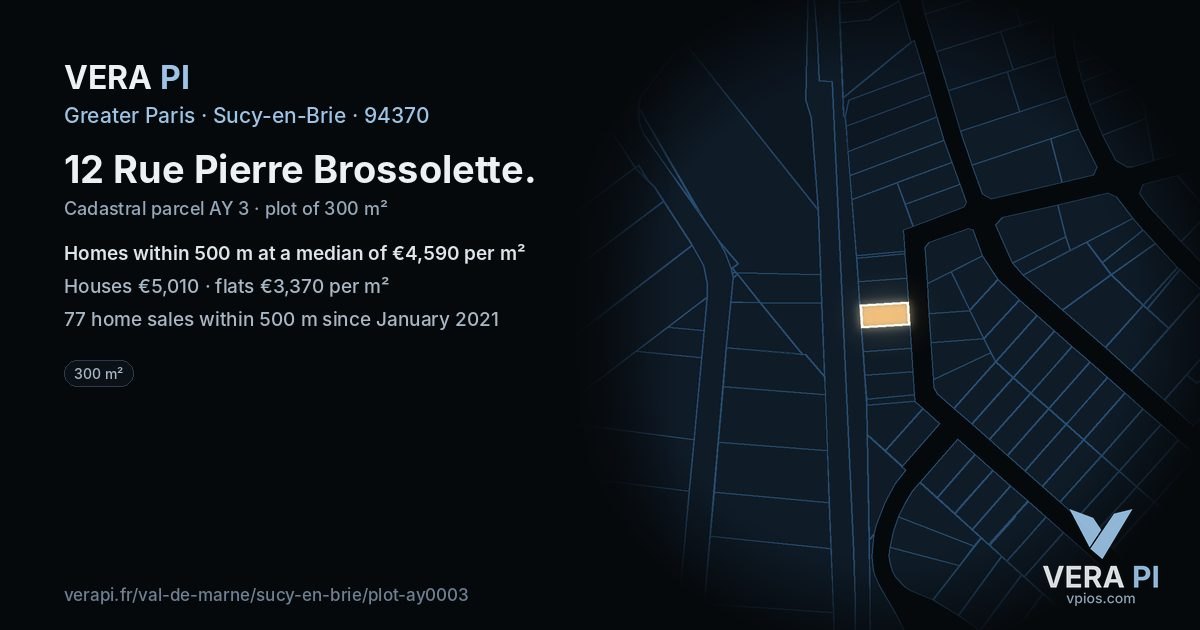 12 Rue Pierre Brossolette, Sucy-en-Brie at night – the plot lit, the parcels around coloured by the prices near them