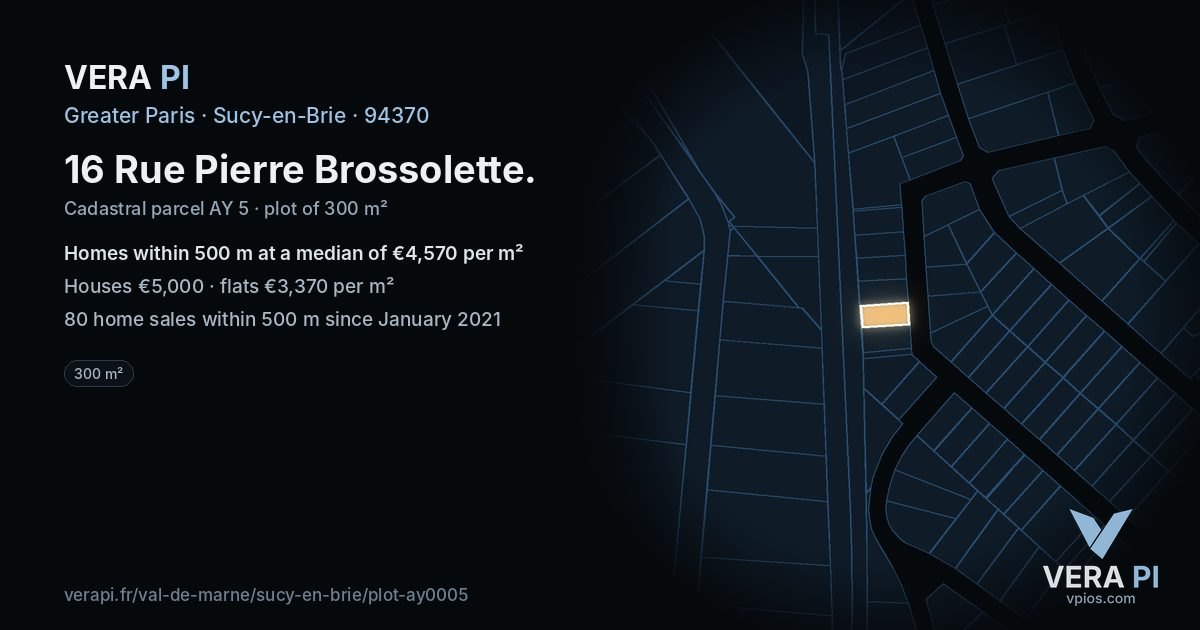 16 Rue Pierre Brossolette, Sucy-en-Brie at night – the plot lit, the parcels around coloured by the prices near them
