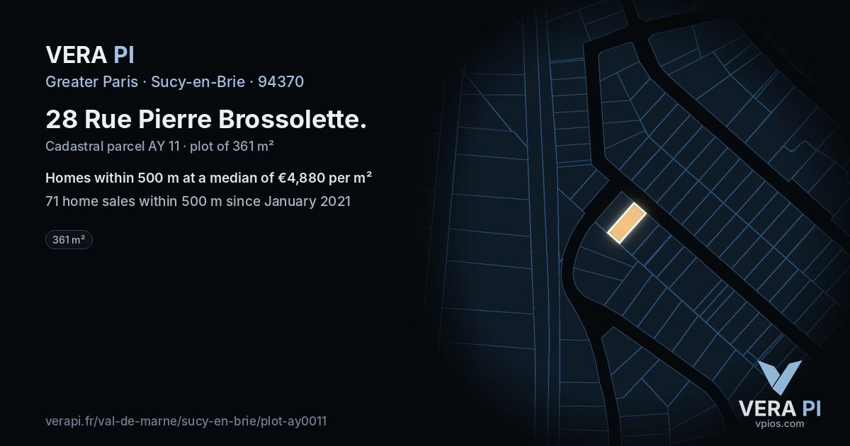28 Rue Pierre Brossolette, Sucy-en-Brie at night – the plot lit, the parcels around coloured by the prices near them