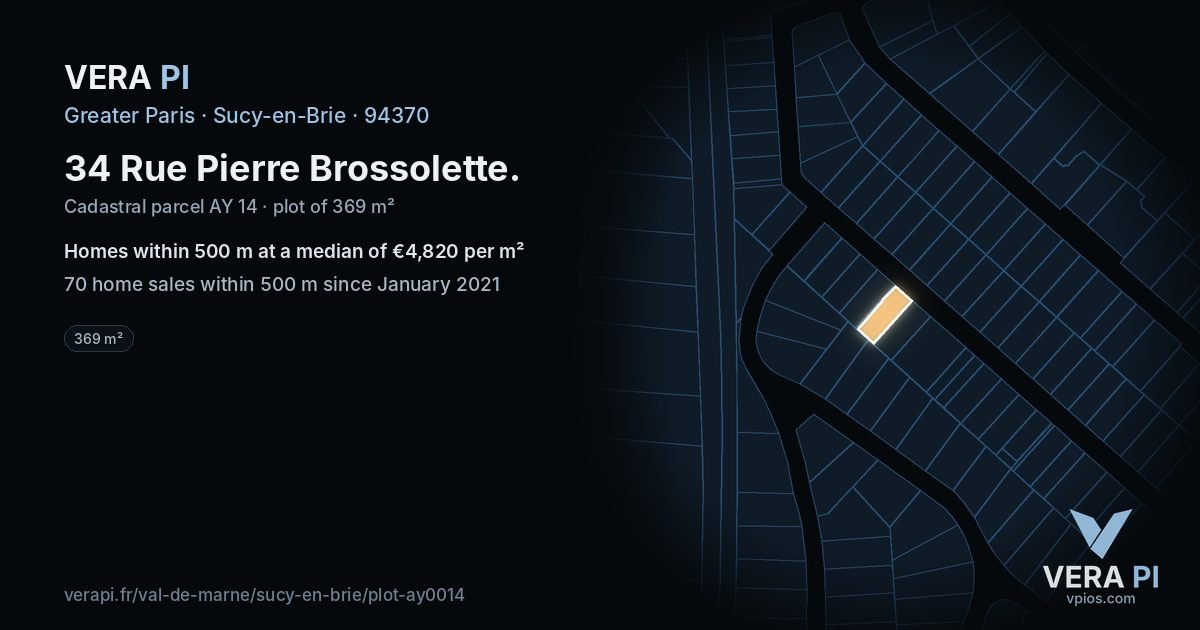 34 Rue Pierre Brossolette, Sucy-en-Brie at night – the plot lit, the parcels around coloured by the prices near them