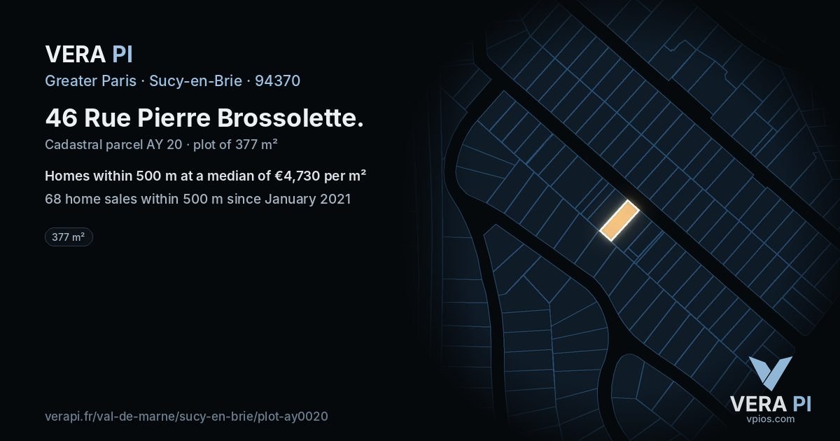 46 Rue Pierre Brossolette, Sucy-en-Brie at night – the plot lit, the parcels around coloured by the prices near them