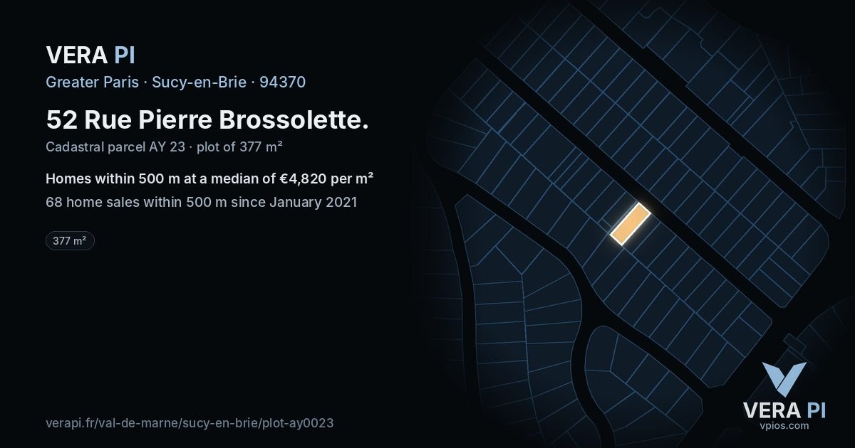 52 Rue Pierre Brossolette, Sucy-en-Brie at night – the plot lit, the parcels around coloured by the prices near them