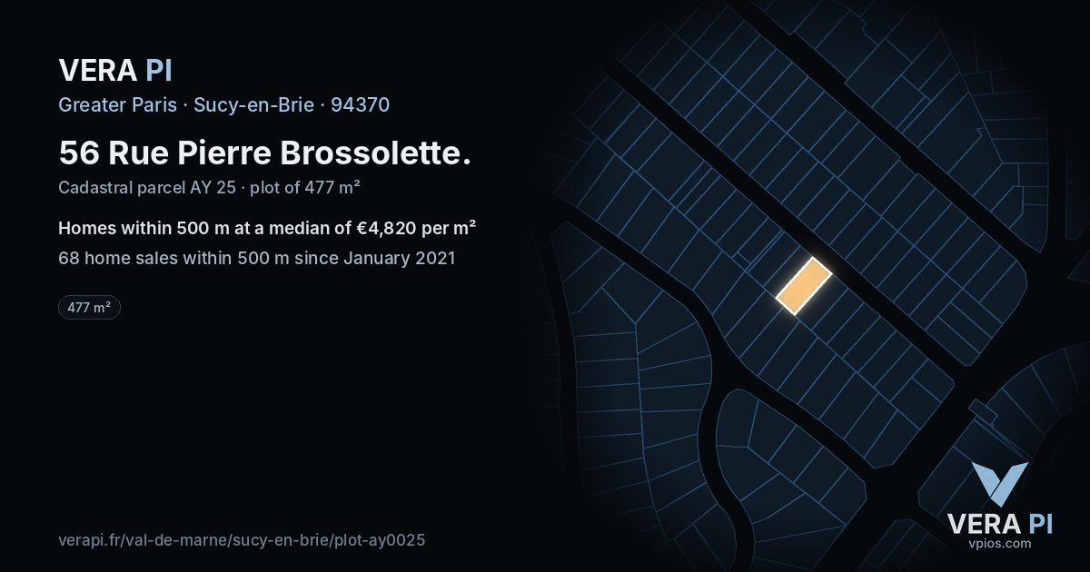 56 Rue Pierre Brossolette, Sucy-en-Brie at night – the plot lit, the parcels around coloured by the prices near them