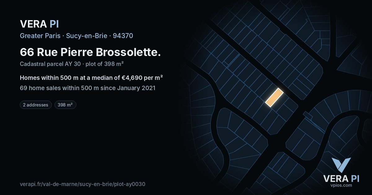 66 Rue Pierre Brossolette, Sucy-en-Brie at night – the plot lit, the parcels around coloured by the prices near them