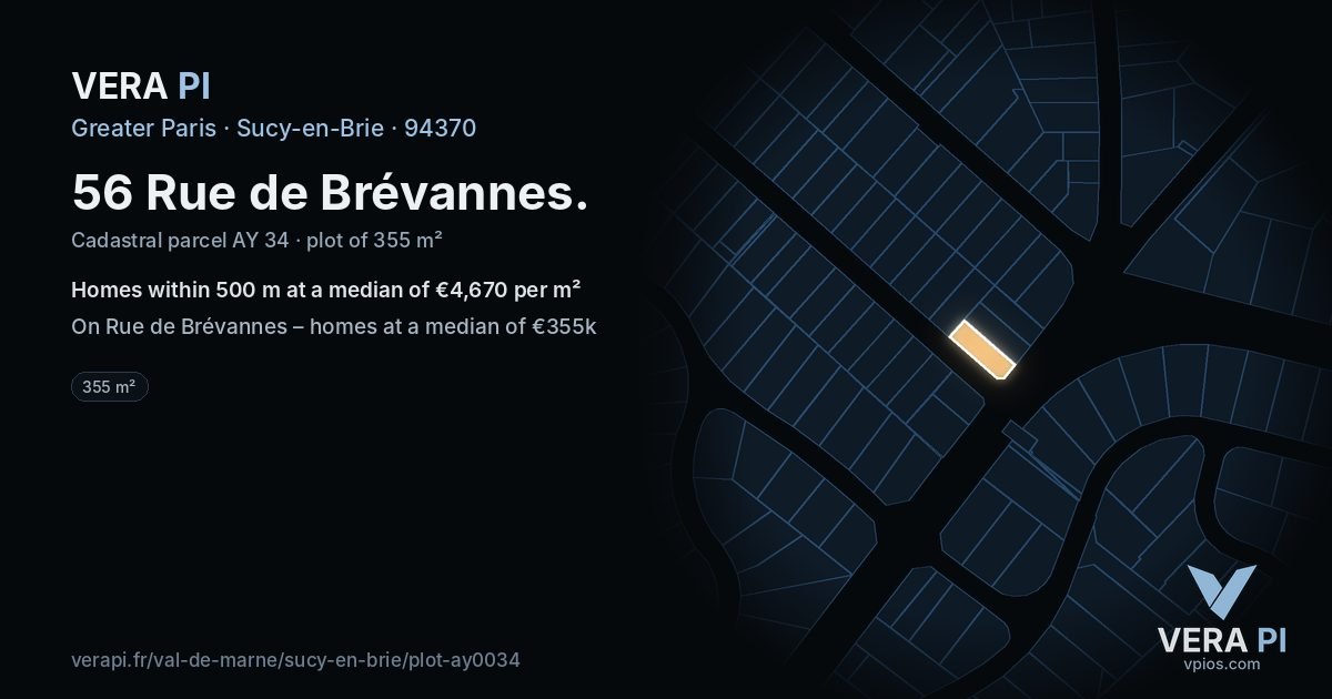 56 Rue de Brévannes, Sucy-en-Brie at night – the plot lit, the parcels around coloured by the prices near them