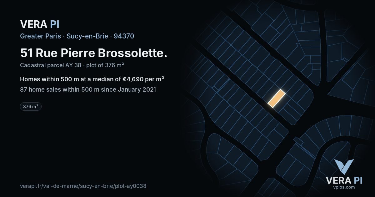 51 Rue Pierre Brossolette, Sucy-en-Brie at night – the plot lit, the parcels around coloured by the prices near them