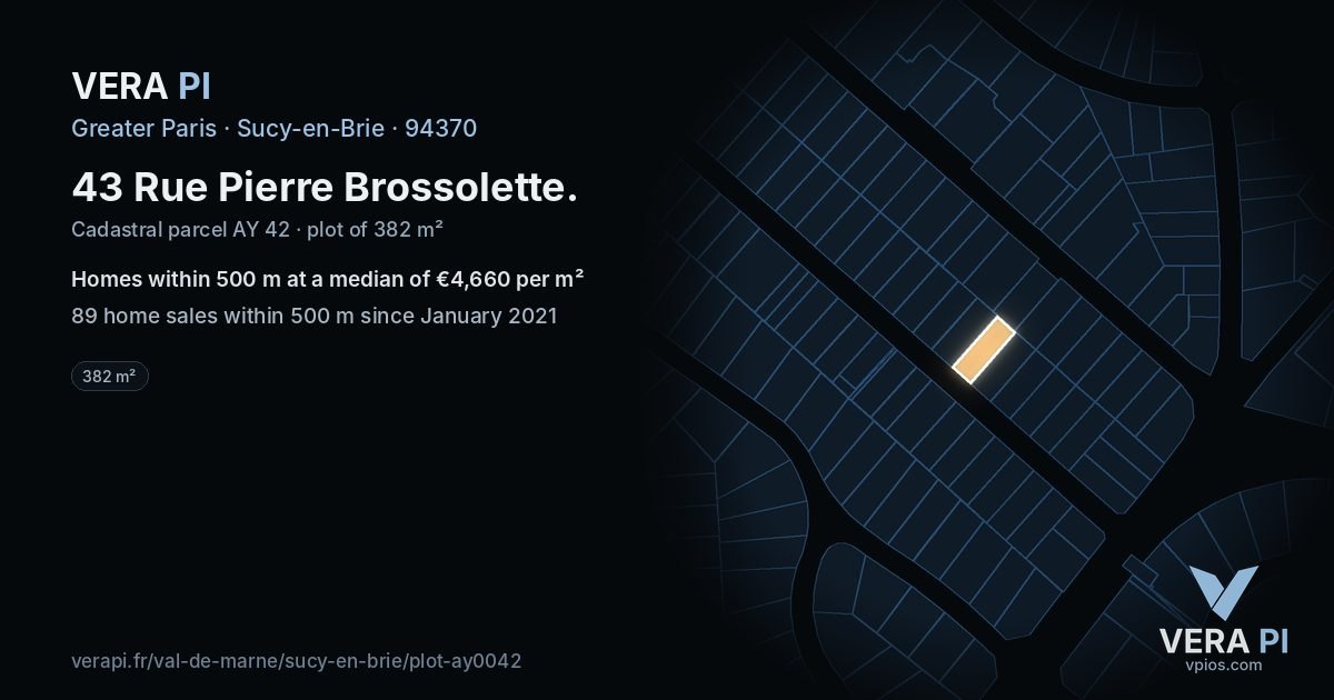 43 Rue Pierre Brossolette, Sucy-en-Brie at night – the plot lit, the parcels around coloured by the prices near them