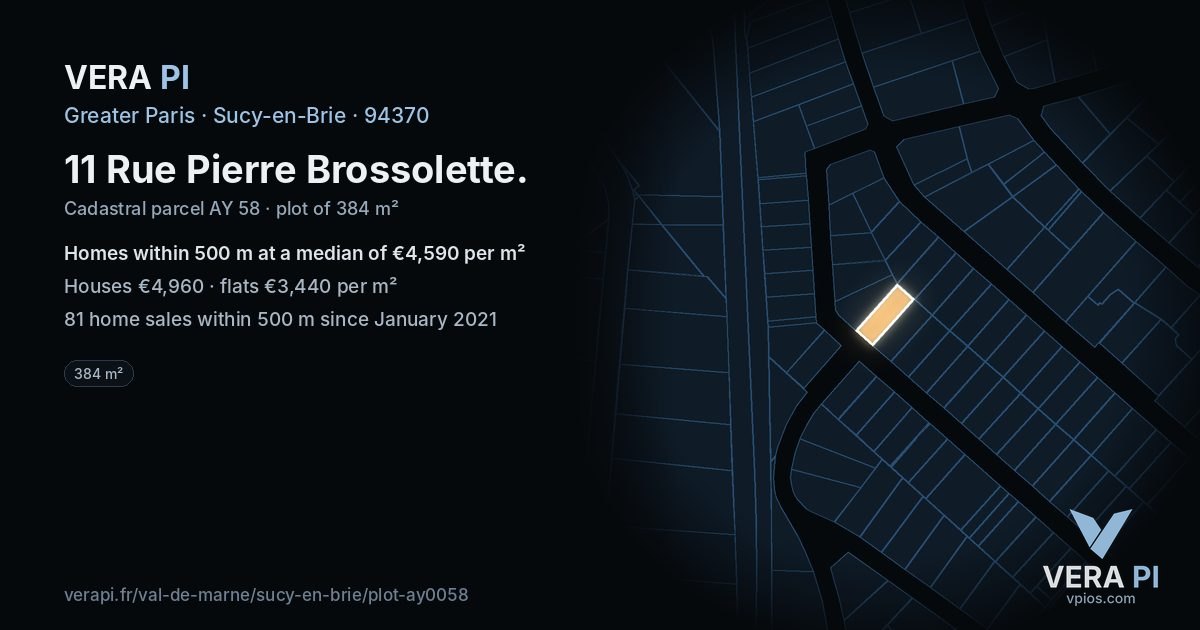 11 Rue Pierre Brossolette, Sucy-en-Brie at night – the plot lit, the parcels around coloured by the prices near them