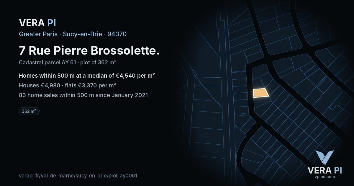 7 Rue Pierre Brossolette, Sucy-en-Brie at night – the plot lit, the parcels around coloured by the prices near them
