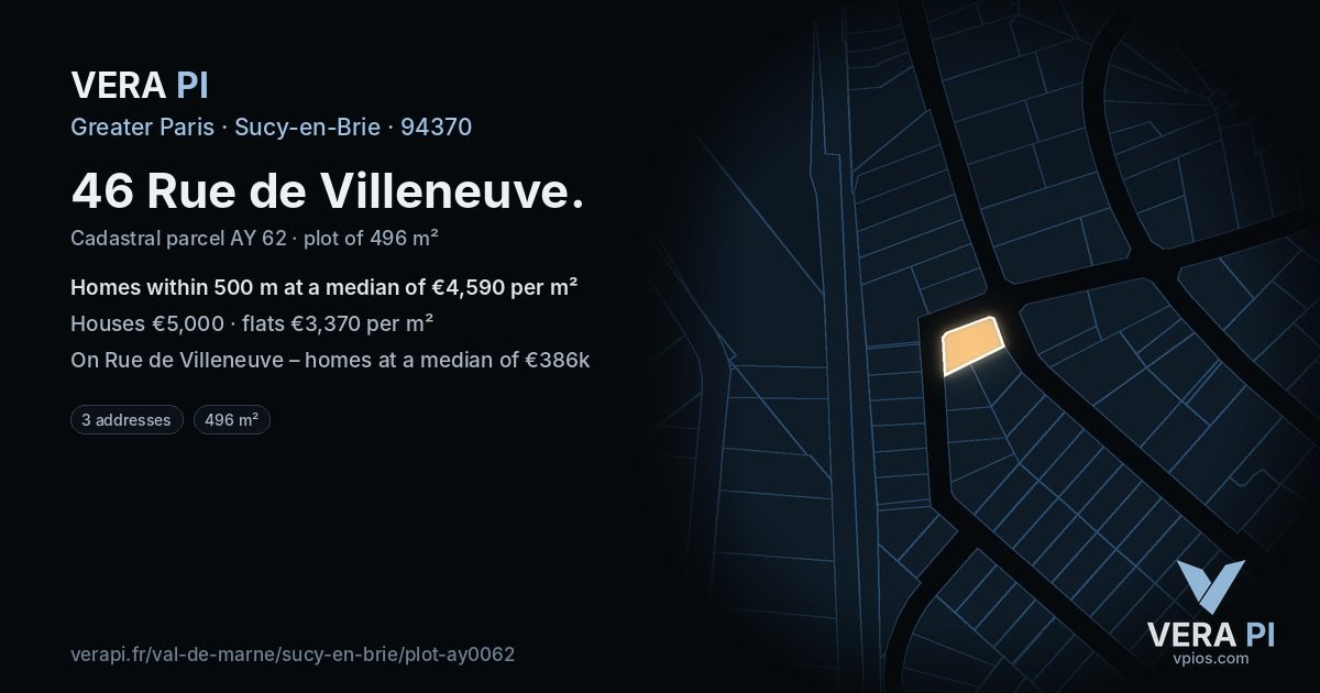 46 Rue de Villeneuve, Sucy-en-Brie at night – the plot lit, the parcels around coloured by the prices near them