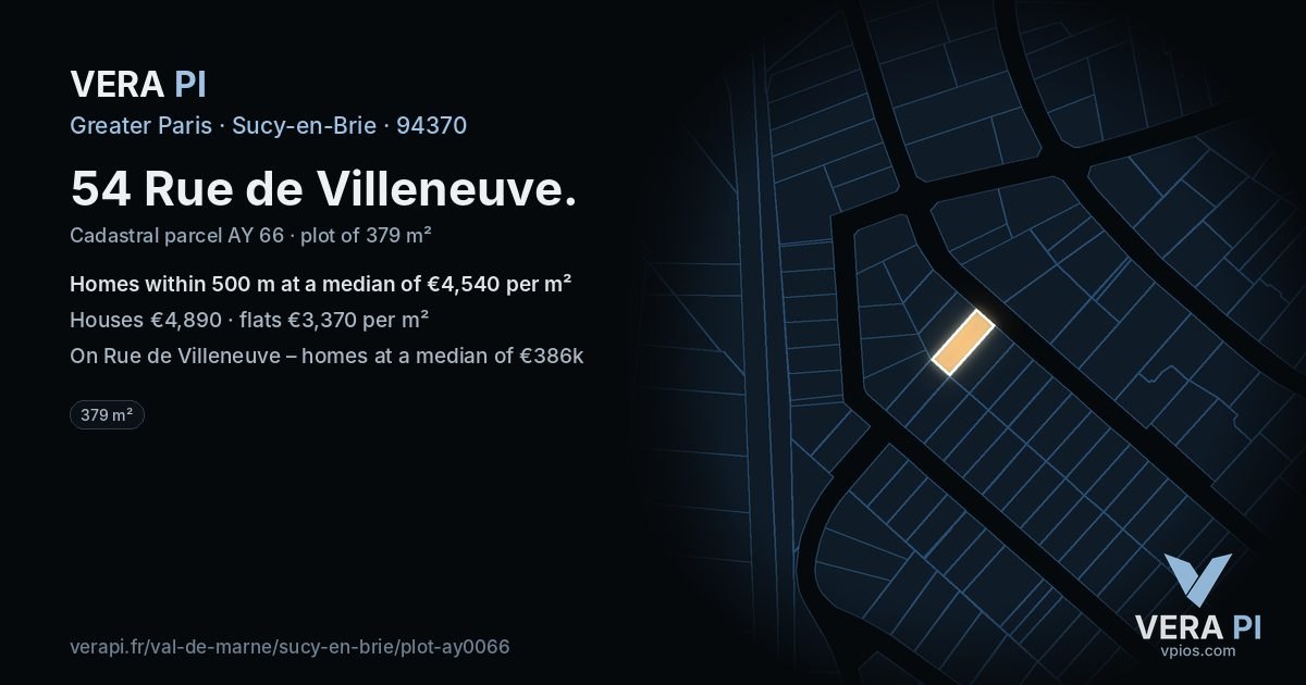 54 Rue de Villeneuve, Sucy-en-Brie at night – the plot lit, the parcels around coloured by the prices near them