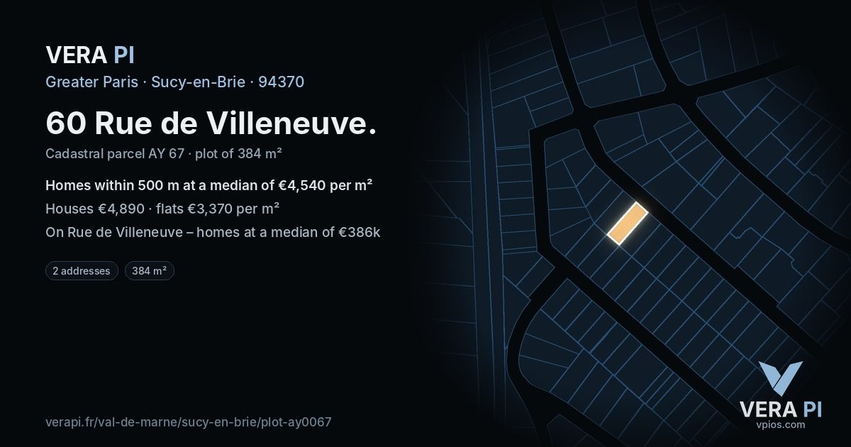 60 Rue de Villeneuve, Sucy-en-Brie at night – the plot lit, the parcels around coloured by the prices near them