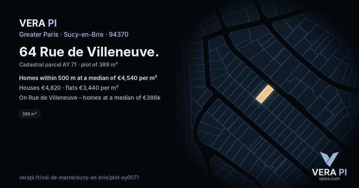 64 Rue de Villeneuve, Sucy-en-Brie at night – the plot lit, the parcels around coloured by the prices near them