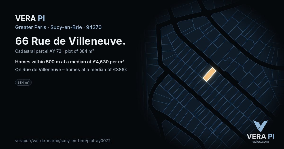 66 Rue de Villeneuve, Sucy-en-Brie at night – the plot lit, the parcels around coloured by the prices near them