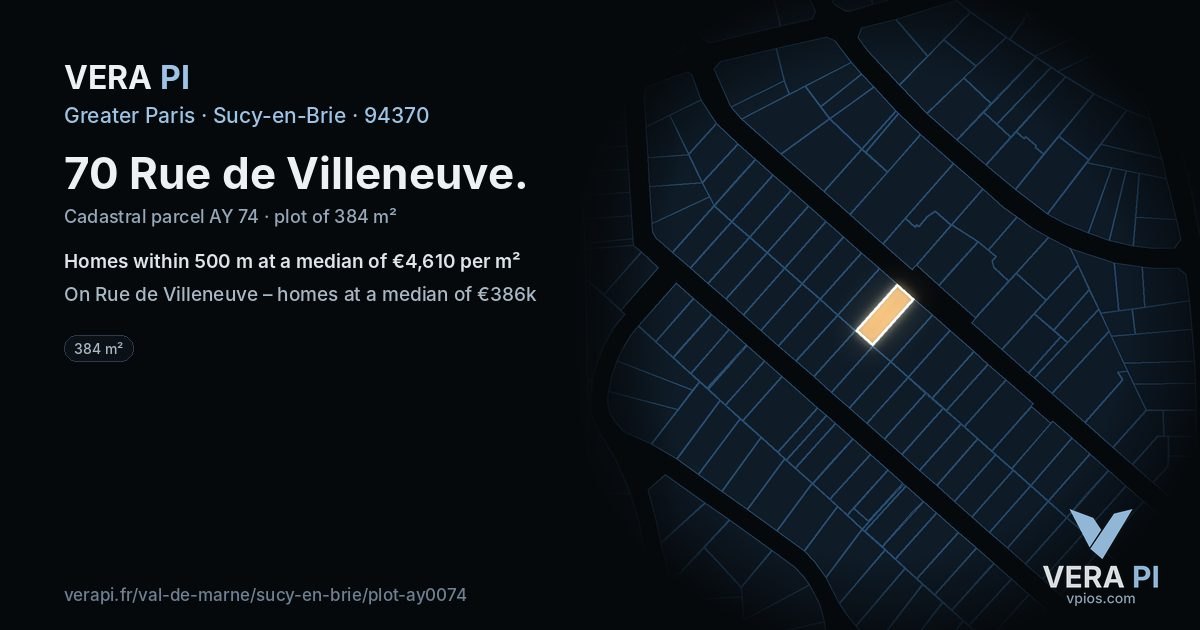 70 Rue de Villeneuve, Sucy-en-Brie at night – the plot lit, the parcels around coloured by the prices near them