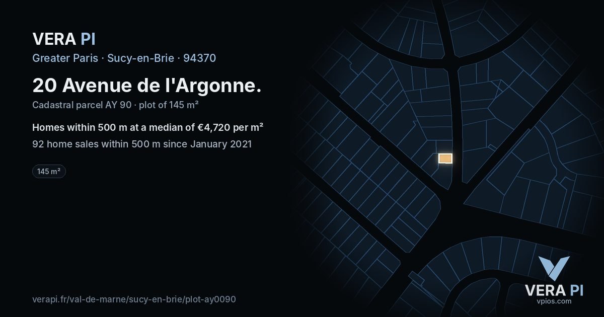 20 Avenue de l'Argonne, Sucy-en-Brie at night – the plot lit, the parcels around coloured by the prices near them