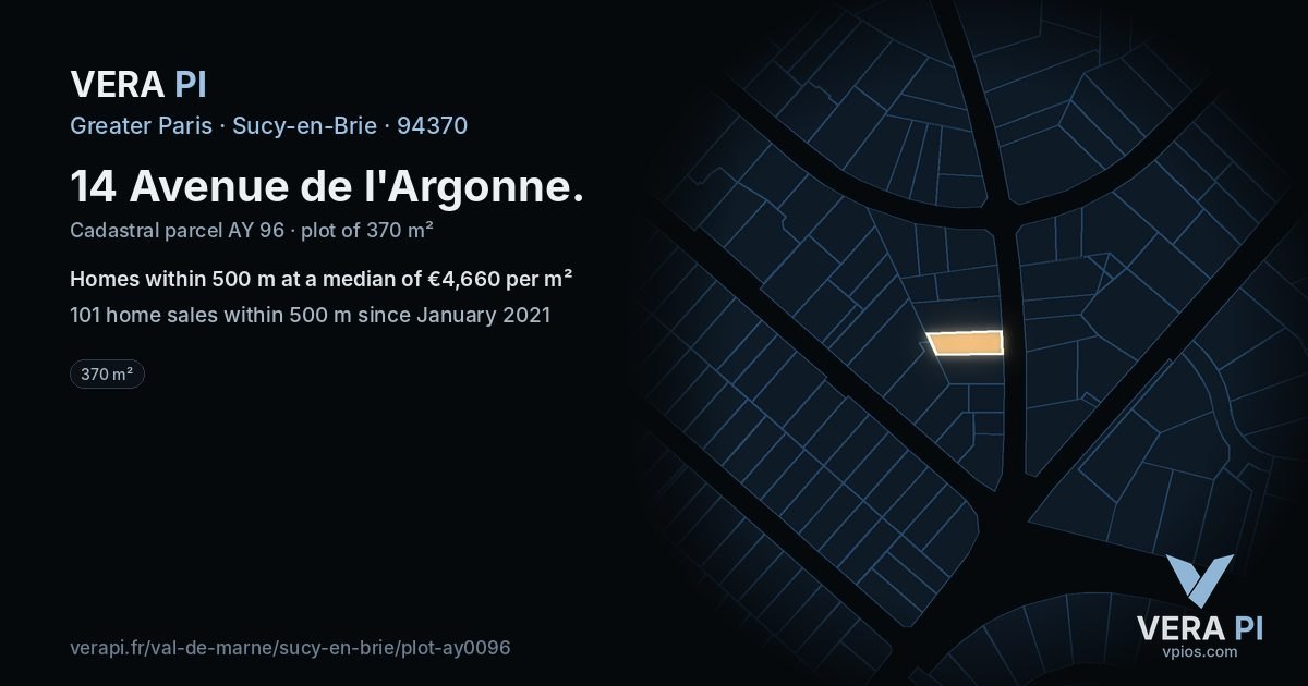 14 Avenue de l'Argonne, Sucy-en-Brie at night – the plot lit, the parcels around coloured by the prices near them