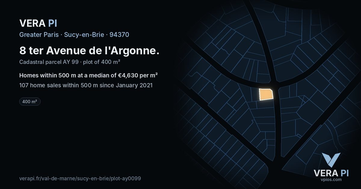 8 ter Avenue de l'Argonne, Sucy-en-Brie at night – the plot lit, the parcels around coloured by the prices near them
