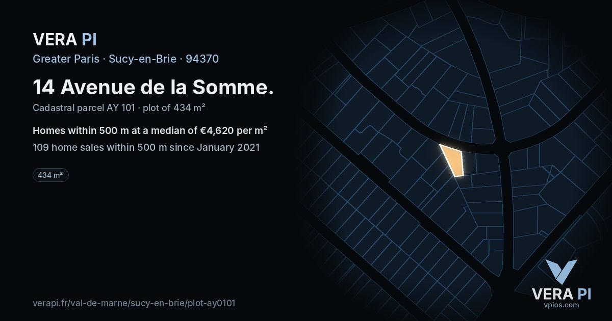 14 Avenue de la Somme, Sucy-en-Brie at night – the plot lit, the parcels around coloured by the prices near them