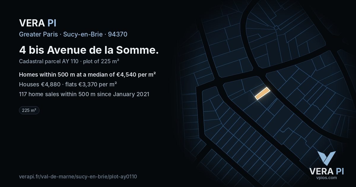 4 bis Avenue de la Somme, Sucy-en-Brie at night – the plot lit, the parcels around coloured by the prices near them