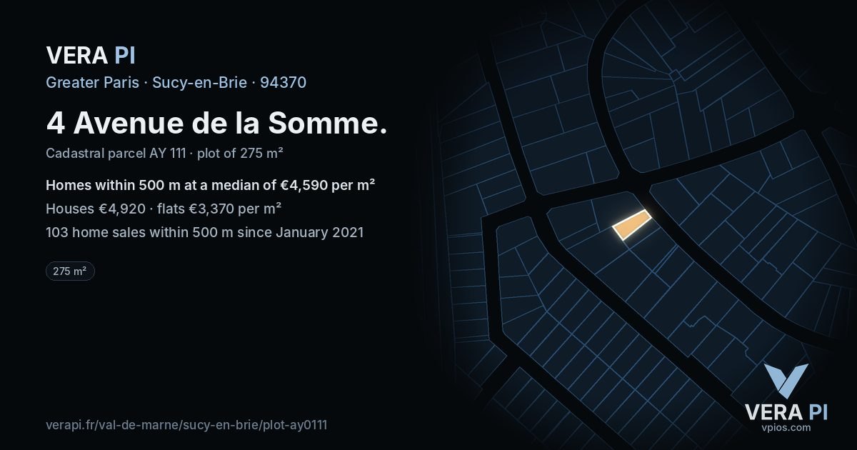 4 Avenue de la Somme, Sucy-en-Brie at night – the plot lit, the parcels around coloured by the prices near them